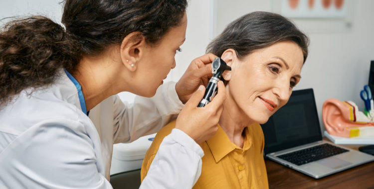 Hearing exam for caucasian woman, ENT provider, Ear Nose and Throat Physician, Ear examination