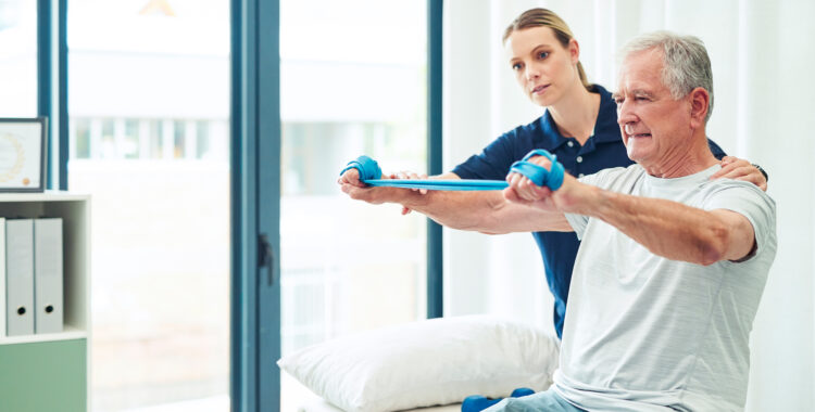 Physiotherapy doctor, senior patient and band for stretching, physical therapy and orthopedic health. Physiotherapist, chiropractor and nurse help elderly man, osteoporosis and surgery rehabilitation