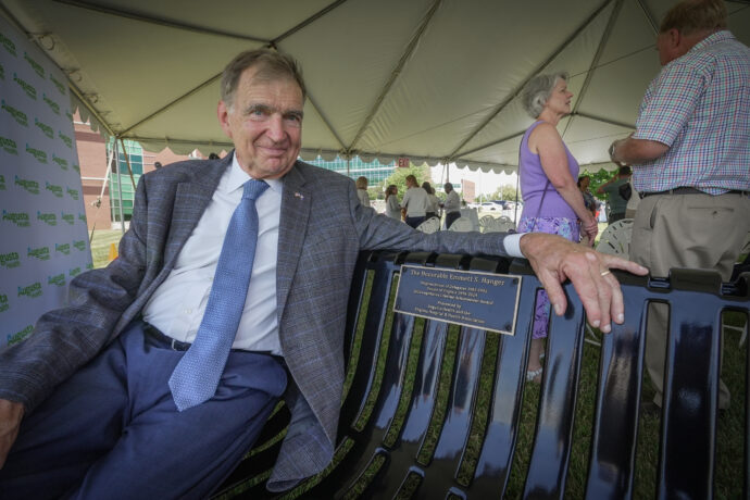Senator Hanger with bench
