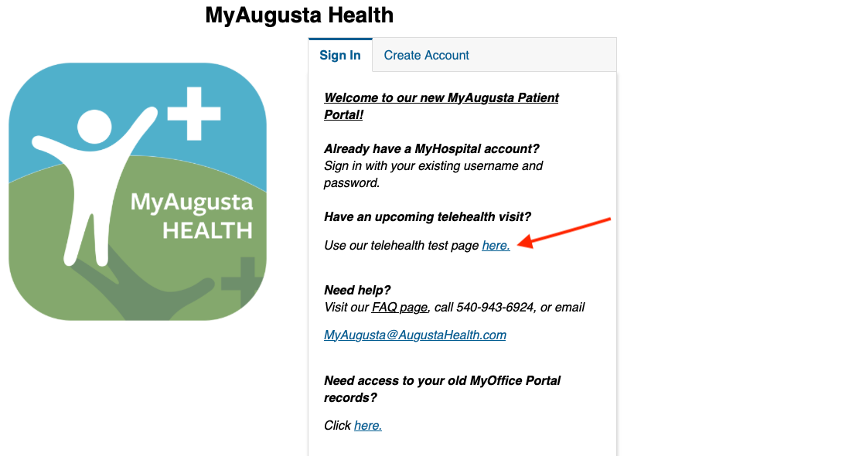 photo of a sign-in screen with directions to a telehealth test page pointing to the link that says "here"