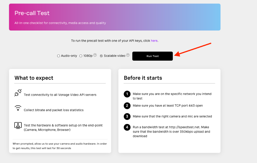 Photo of a pre-call test page with an arrow pointing to "run test"