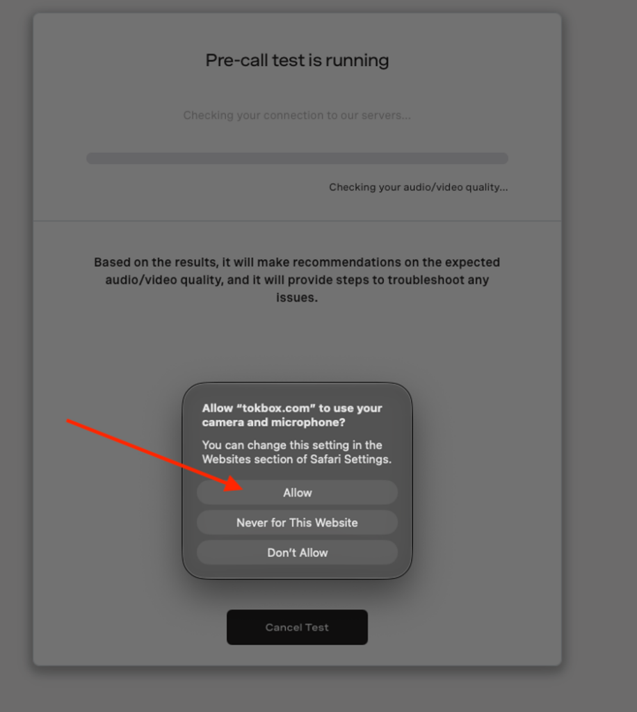 Photo of a pop-up boc that says "allow tokbox.com to use your camera and microphone?" Arrow pointing to "Allow"