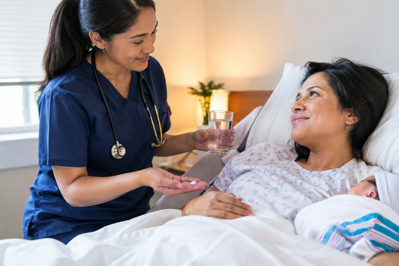 Nurse taking care of a post-op woman who just underwent a high-risk pregnancy
